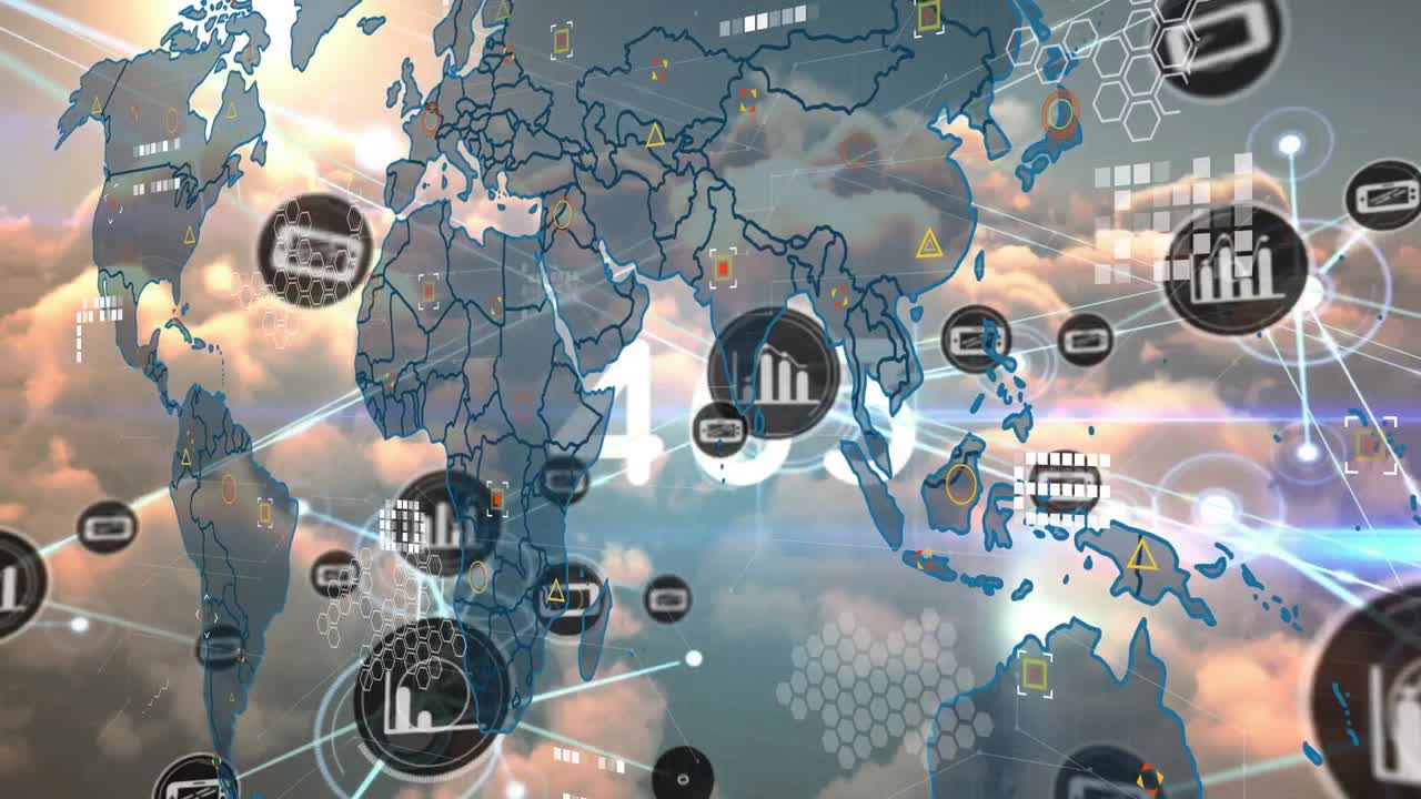 세계 지도와 구름을 통한 연결의 애니메이션