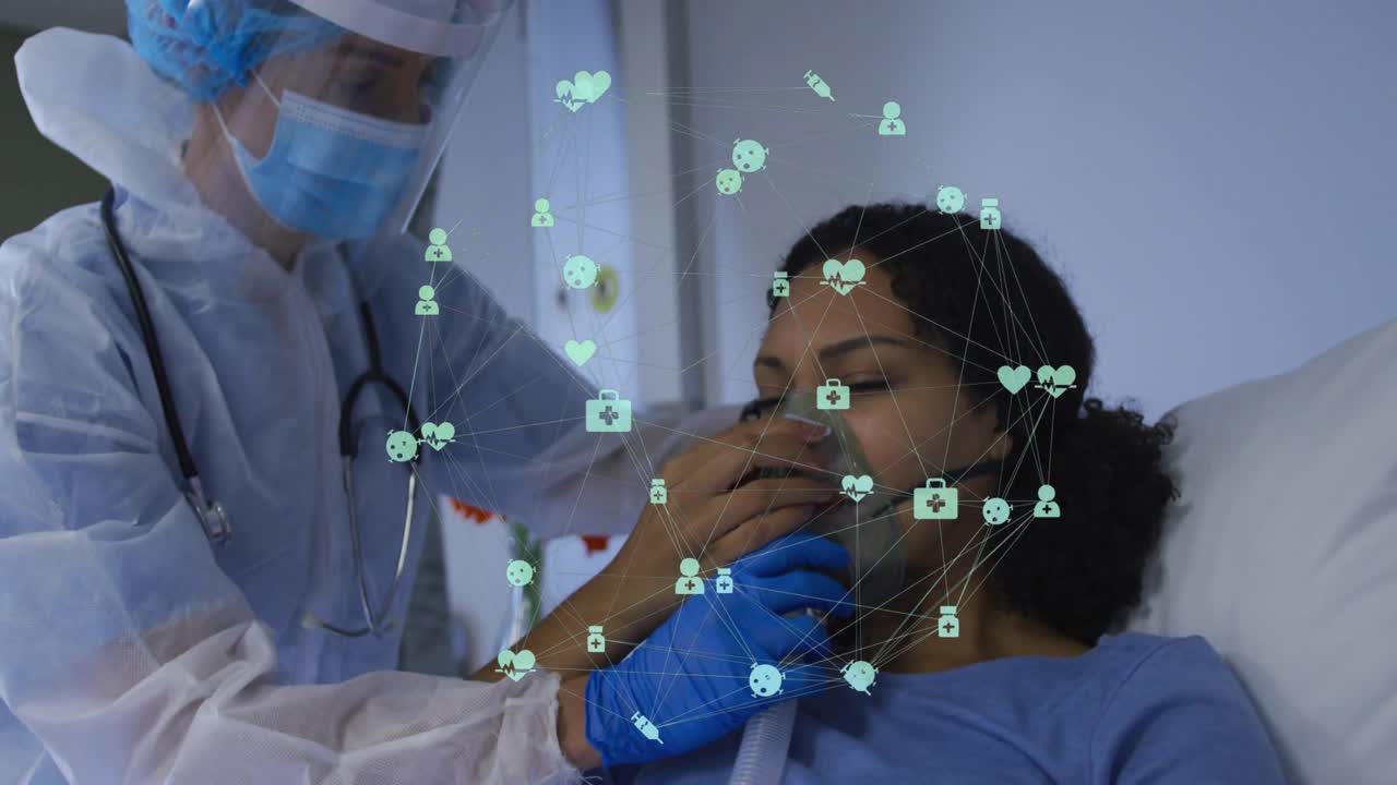 Nurse reaching bed placing oxygen mask adjusting tubing ensuring air faint medical icons overlaying