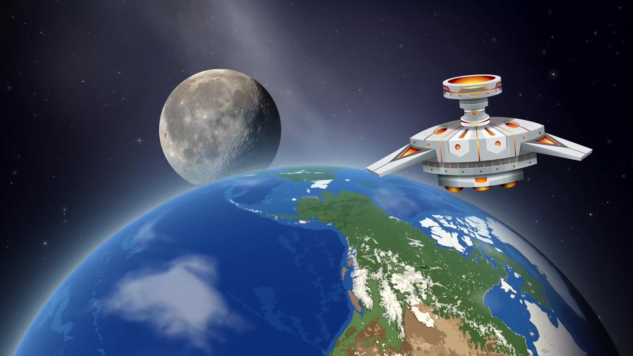 Animated spacecraft floats in low orbit above rotating Earth with moon appearing in starry space.