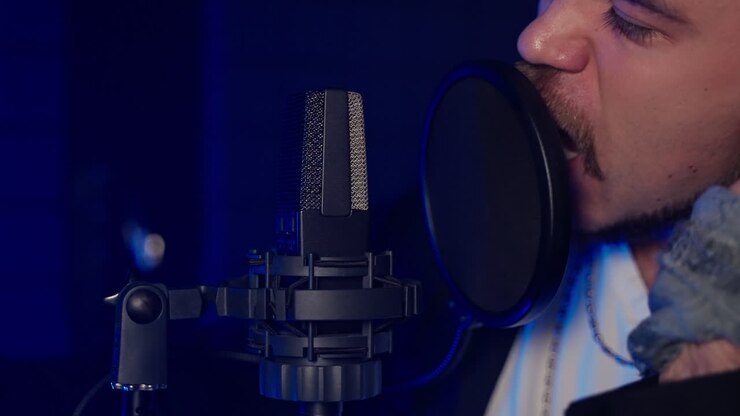 Uomo che canta in un microfono in uno studio di registrazione