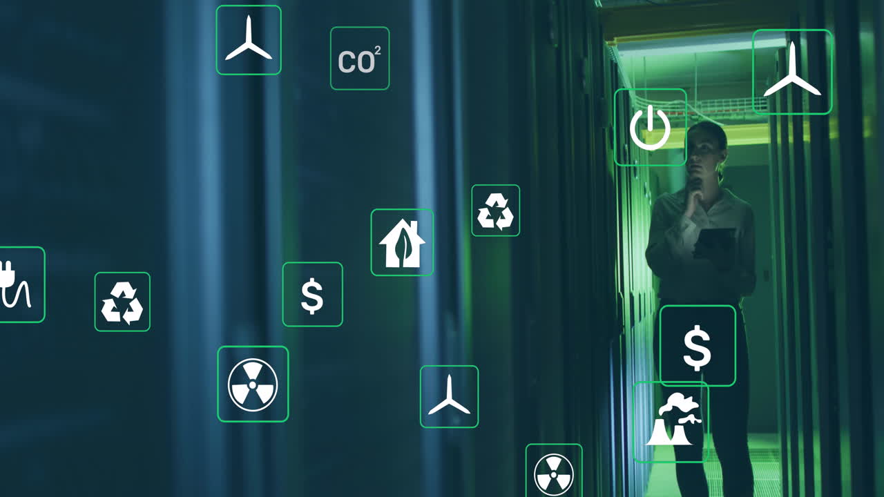 서버 에서 태블릿을 사용하는 백인 여성 엔지니어에 대한 여러 디지털 아이콘의 애니메이션