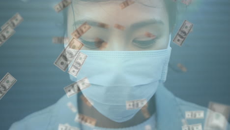 코로나19 테마 애니메이션: 마스크를 쓴 아시아 여성 위에 떠다니는 달러 지폐