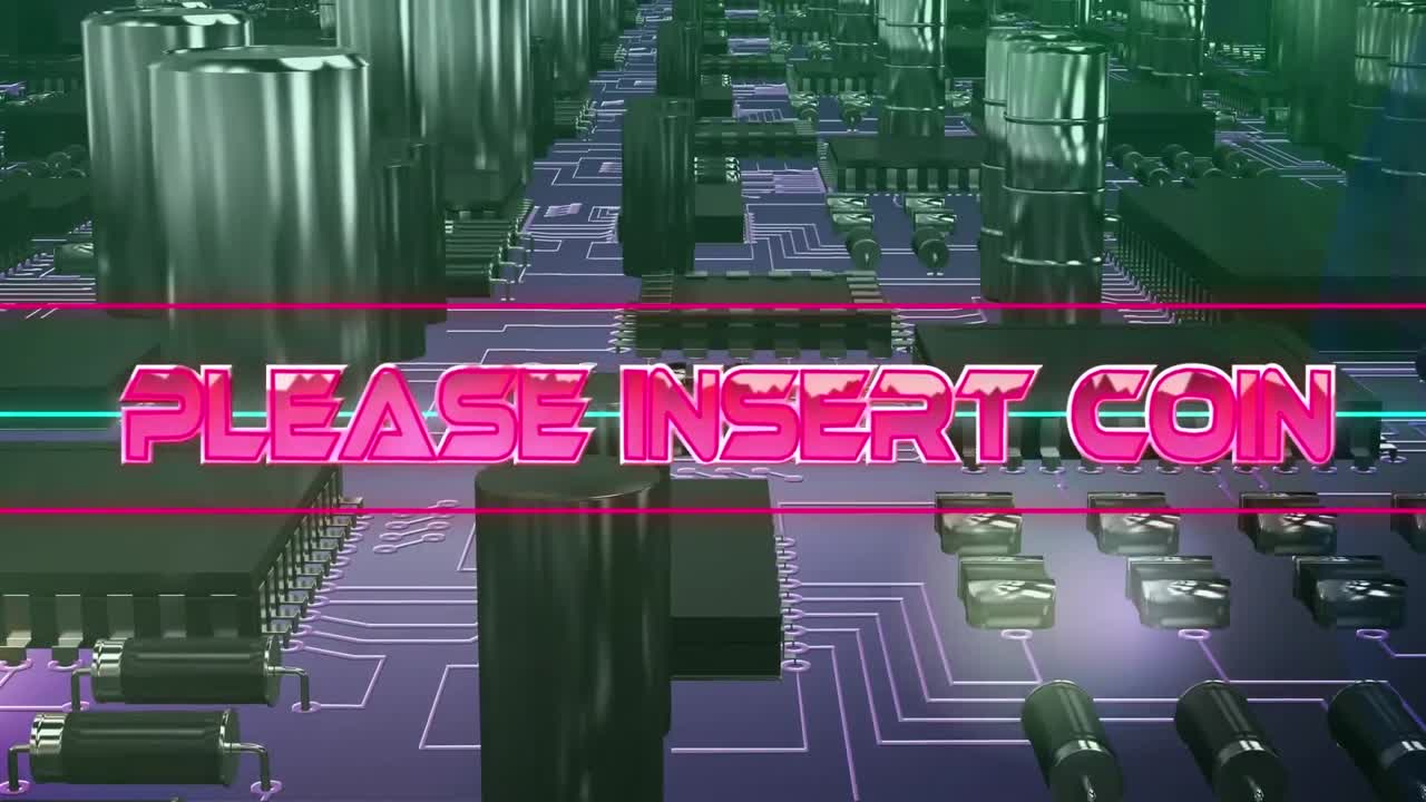 분홍색 금속 텍스트의 애니메이션 컴퓨터 메인보드에 네온 라인 위에 동전을  ⁇ 입하십시오.