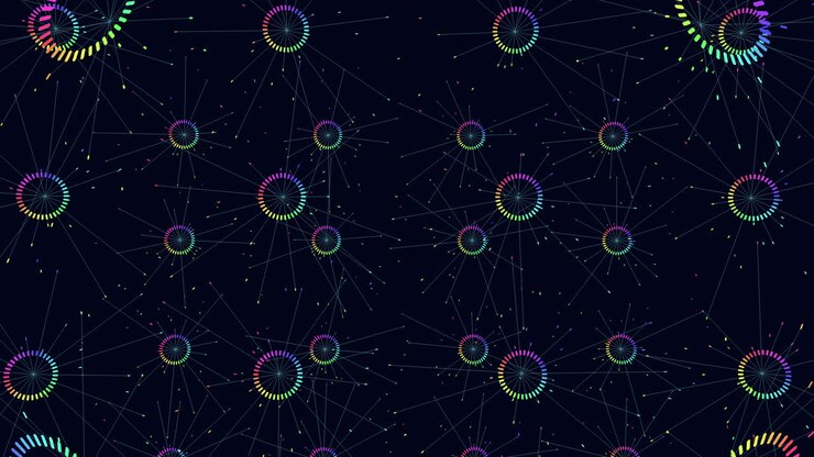 Colorful web of circles and lines on dark background