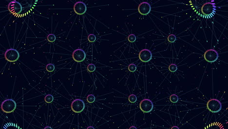 Buntes-Netz-Aus-Kreisen-Und-Linien-Auf-Dunklem-Hintergrund