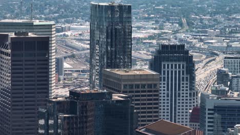 Drone shot of Boston&#039;s downtown skyscrapers on a sunny day