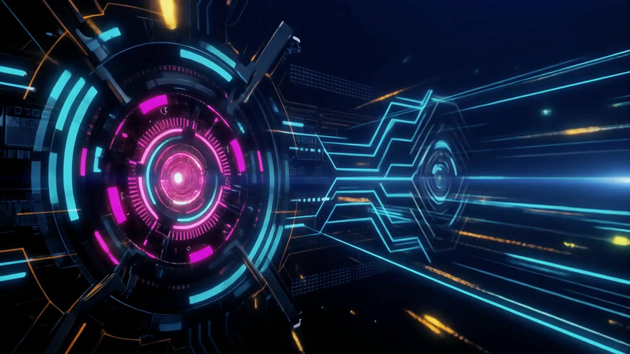 Abstract Tecnologia futuristica sullo sfondo con luci al neon incandescenti