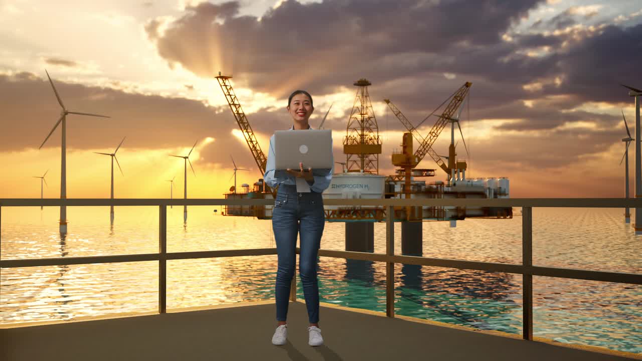 아시안 여성 노동자의 몸이 가득 차 있으며, 그녀의 노트북과 함께 서있는 해상 수소 생산, 하이테크 산업 시설, 그녀는 노트북으로 집중하기 전에 주변을 둘러보며 관찰합니다.