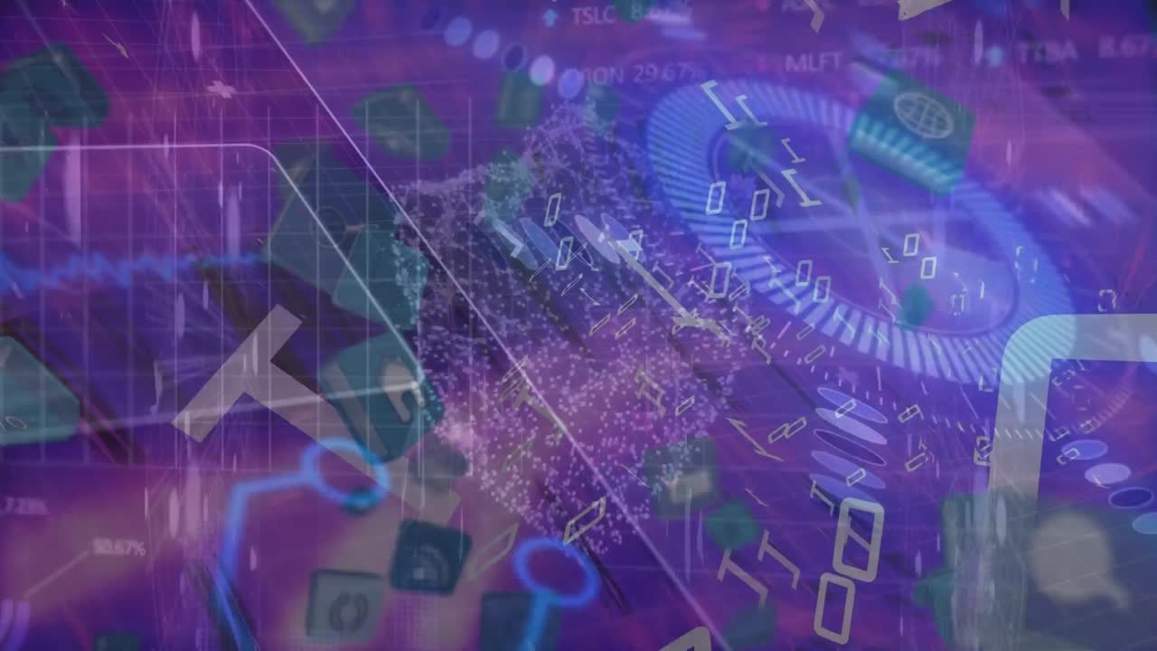 아이콘, 글자, 디지털 방패 및 다양한 데이터를 가진 화면의 애니메이션