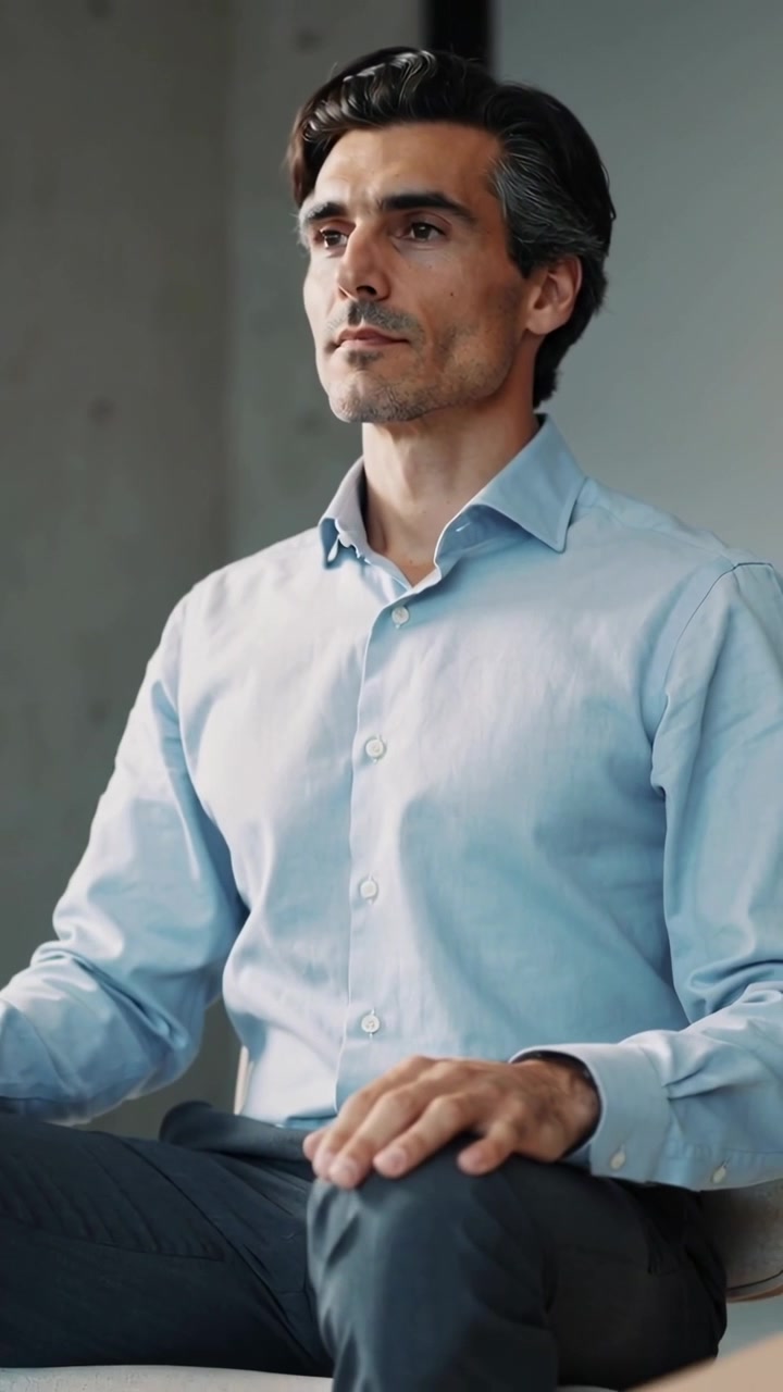 Video verticale: Telecamera in funzione, uomo in camicia azzurra che si sistema in ufficio, preparandosi per una riunione