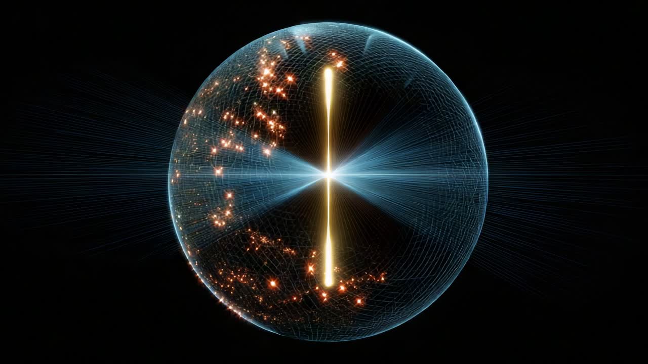 Dynamic Cosmic Energy Sphere with Radiating Lines and Glimmering Stars Emitting from the Center, Capturing the Essence of Interstellar Phenomena and Cosmic Vibrations in a Stunning Visual Display
