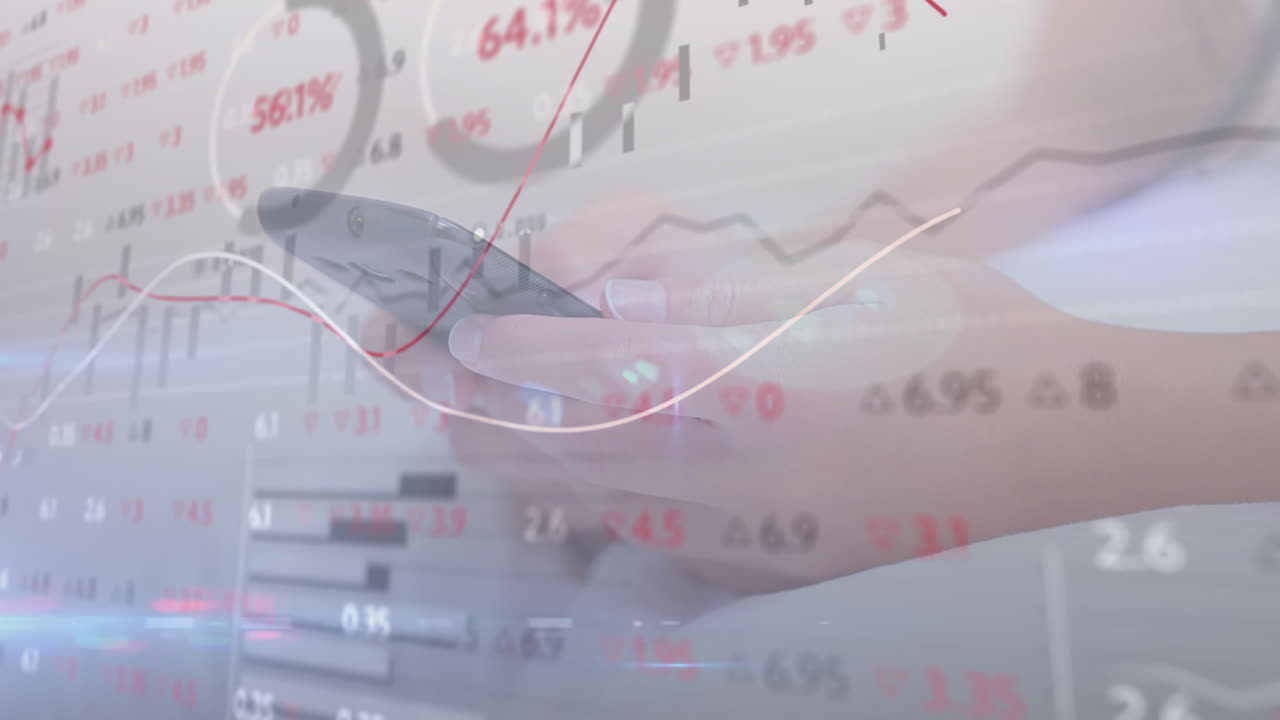 침대에서 스마트폰을 사용하는 여성의 중간 섹션에서 주식 시장 데이터 처리의 애니메이션