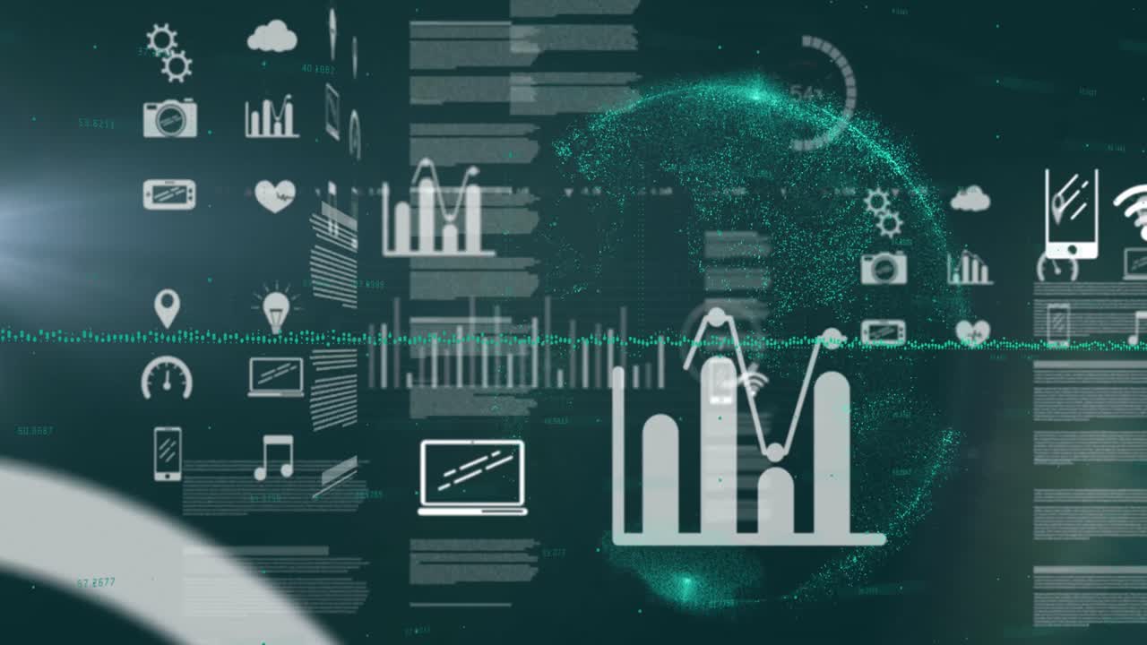 Animation of computer icons and programming language moving over globe