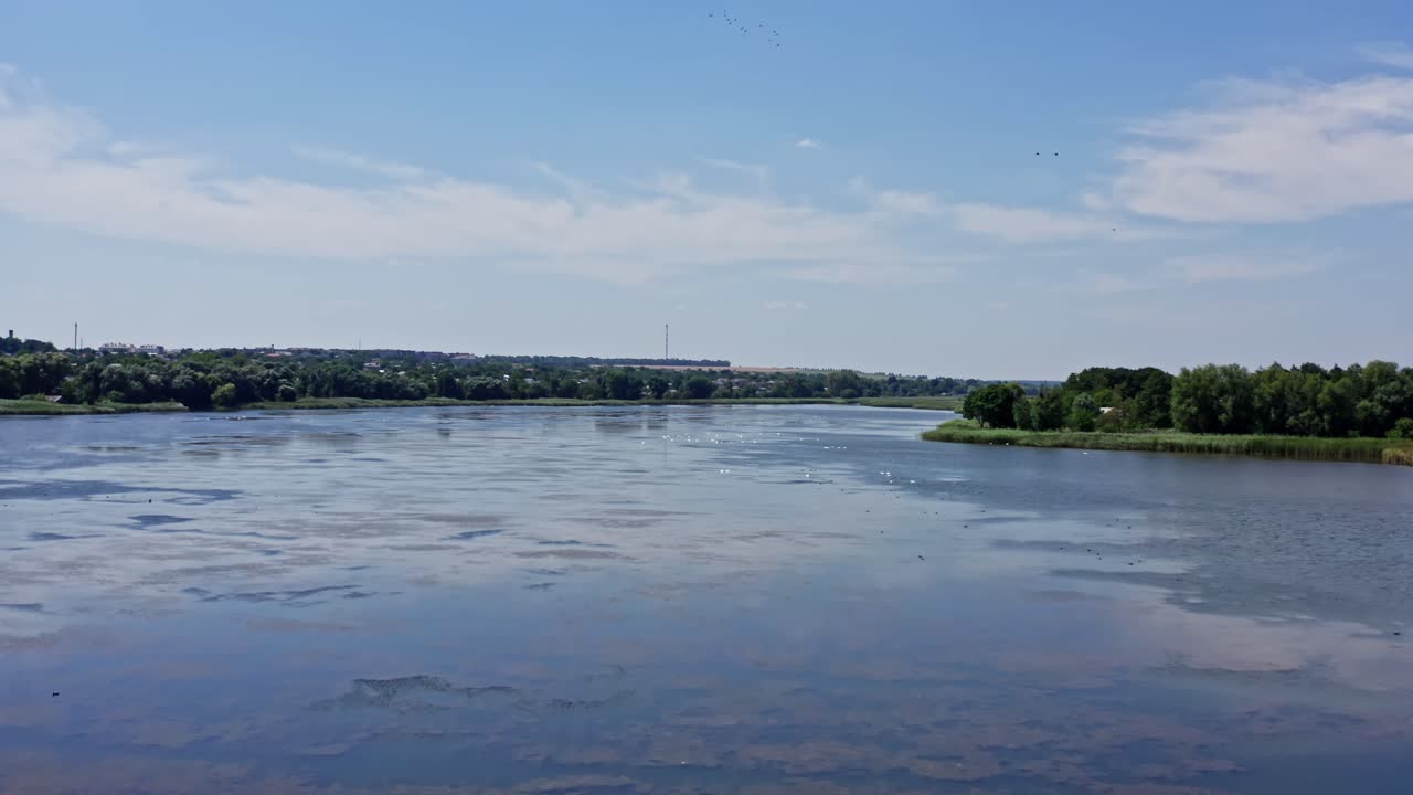 Beautiful natural scenery of river. Aerial drone view of river wild flow landscape