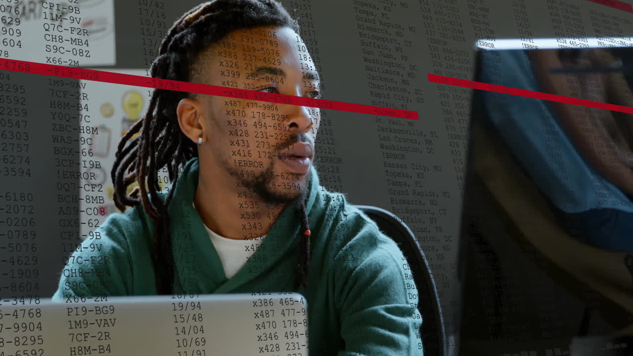Animation of financial data processing over biracial businessman using laptop in office