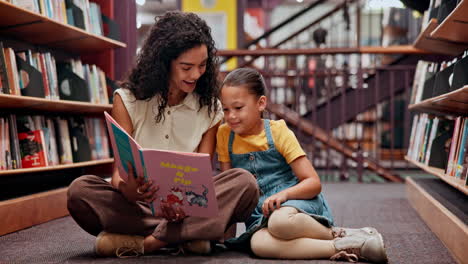 madre e hija leyendo juntos en una biblioteca