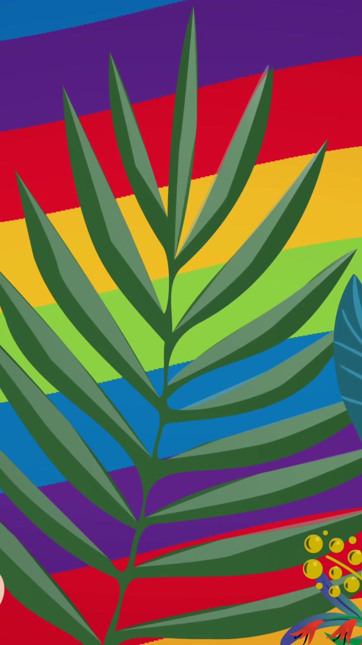 Animazione di foglie, piante e fiori su sfondo arcobaleno