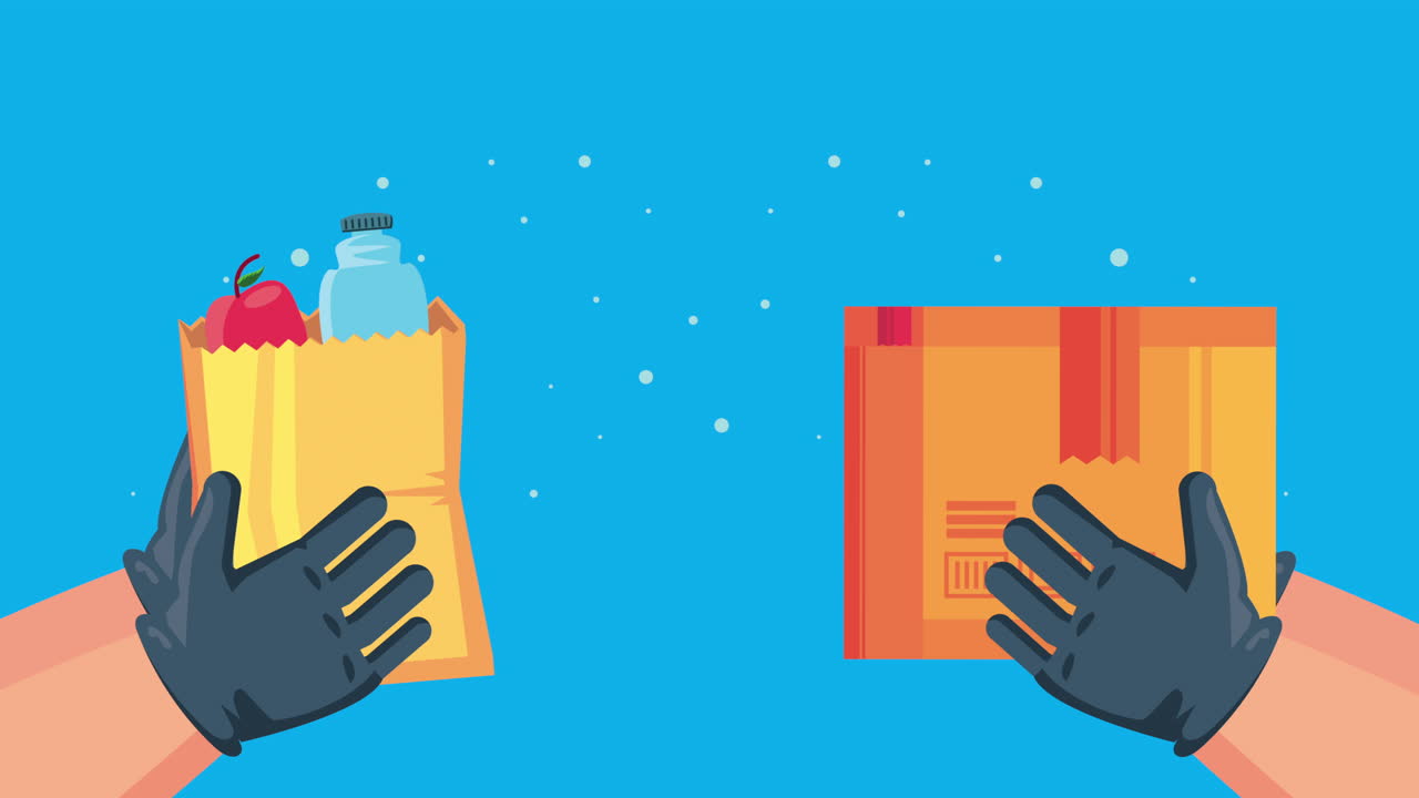 delivery service hands lifting box and groceries animation
