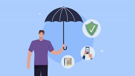 insurance service man with umbrella and icons
