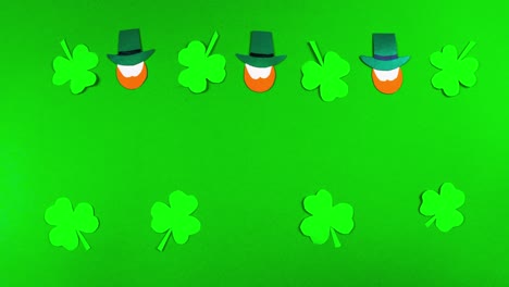 4k greeting card for st. patrick's day, which is celebrated on march 17. irish cultural holiday. symbols of feast a shamrocks and leprechauns. green background.