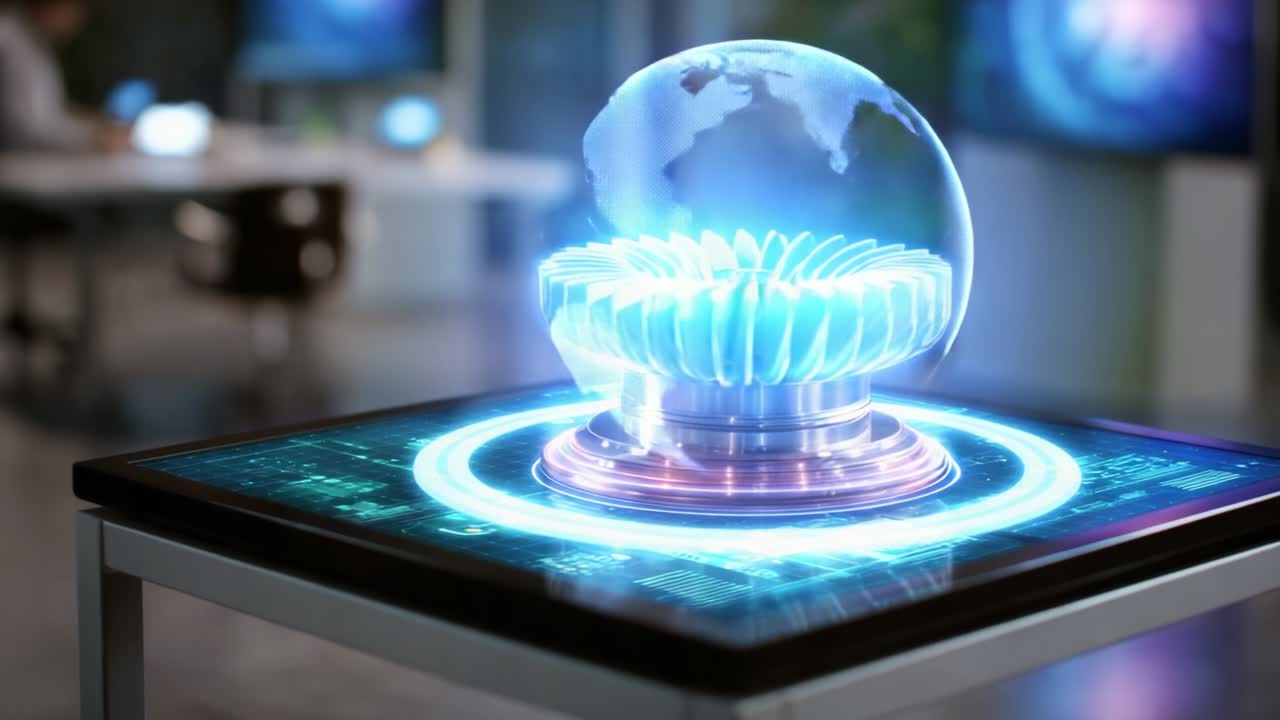 A futuristic display showcases a holographic turbine design, illuminated by radiant blue and purple lights, emphasizing advanced technology concepts within a modern workspace environment