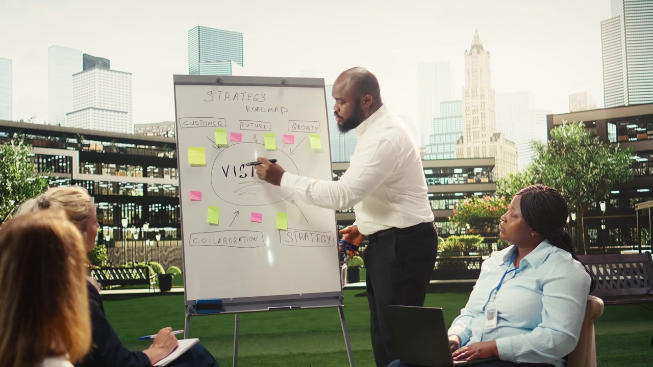 Business Professional Presenting Strategy Roadmap to Colleagues Outdoors