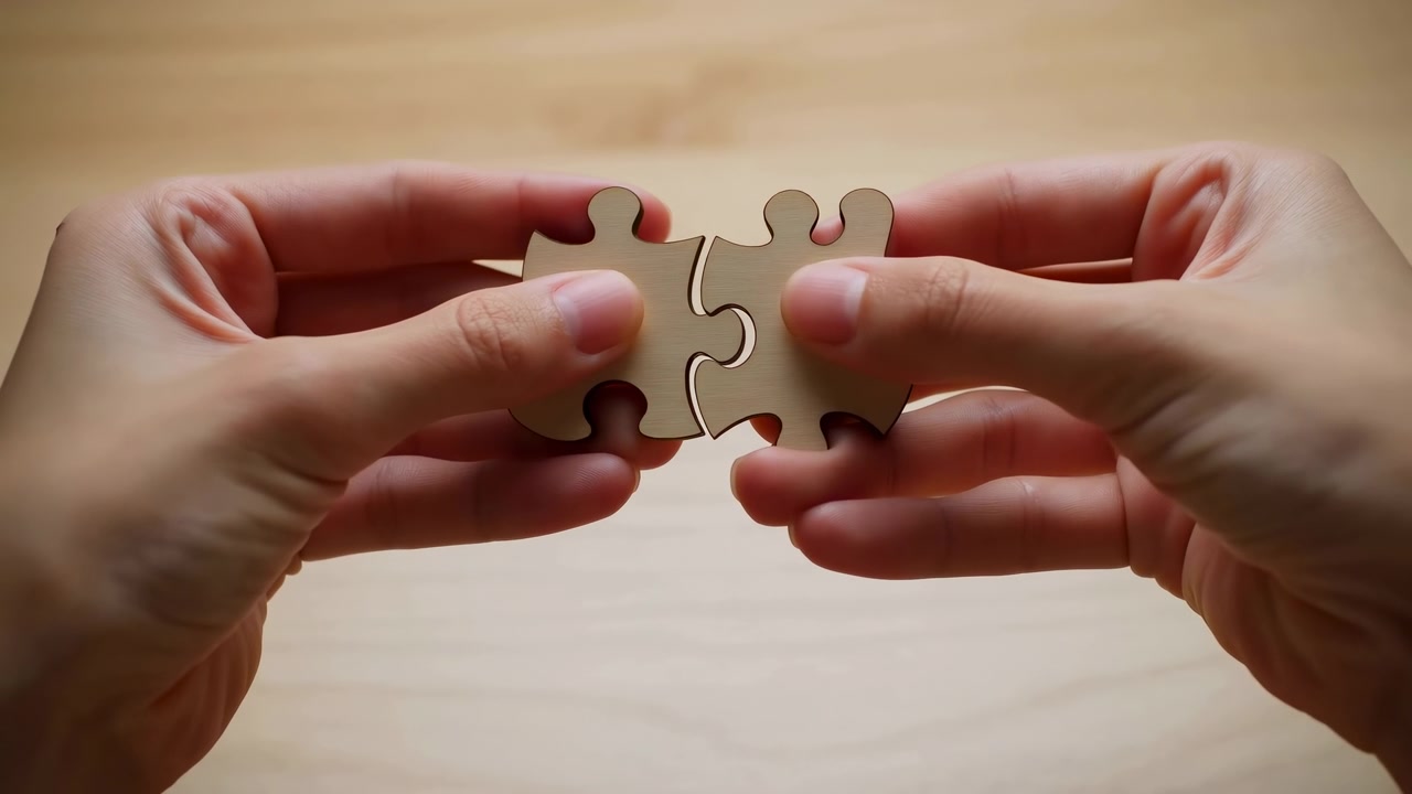 Close-up of two adult hands holding separate beige jigsaw pieces over a wooden table in soft warm light, suggesting connection, teamwork, problem solving