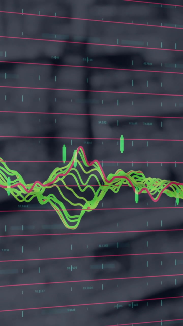 Digital animation of financial data processing against grocery store in background