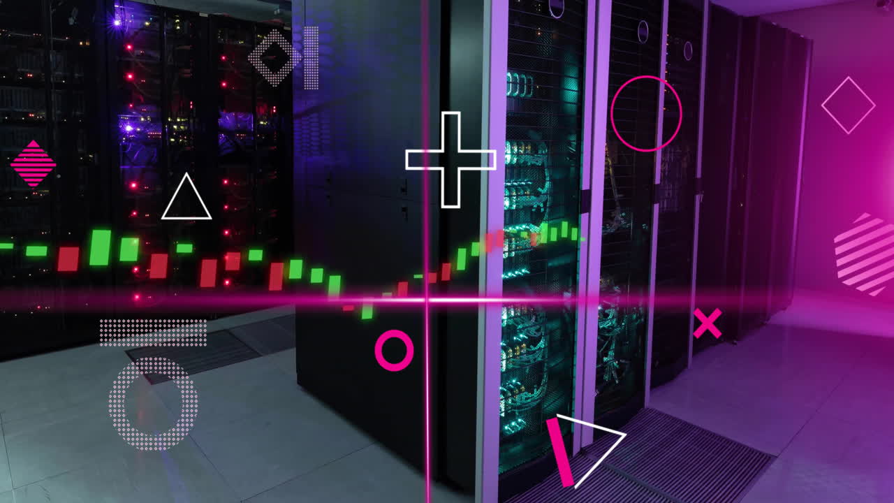 Animation of pink scanner beams, rotating shapes and graph processing data over server room