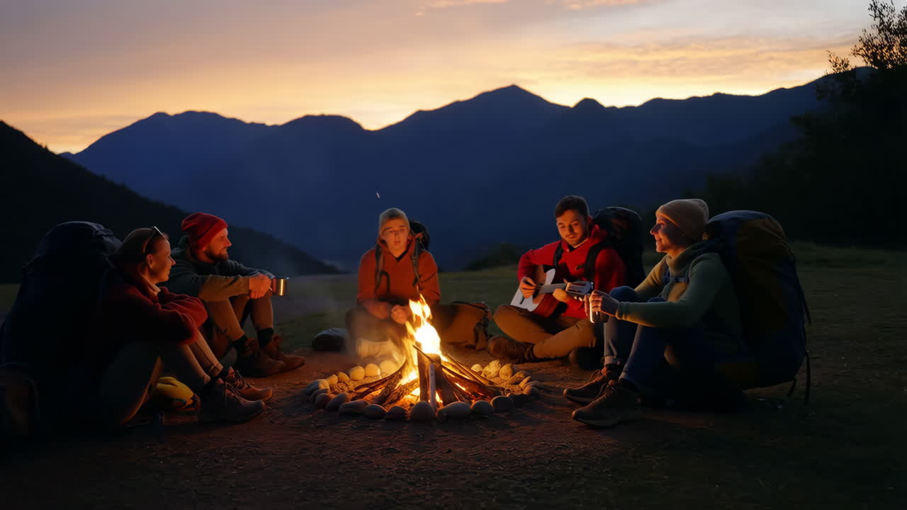 Group of Friends Camping Around Campfire