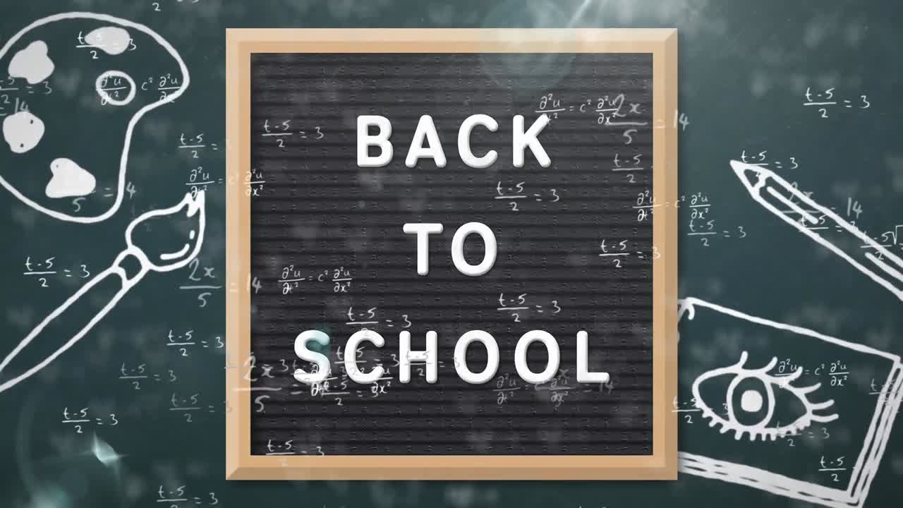 학교 아이템 아이콘 위에 학교로 돌아가는 텍스트의 애니메이션