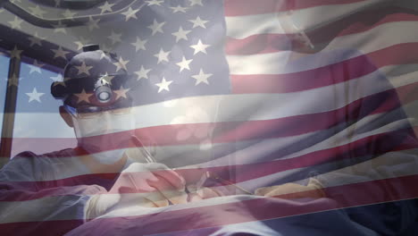 animación de la bandera de los estados unidos ondeando sobre los cirujanos en el quirófano