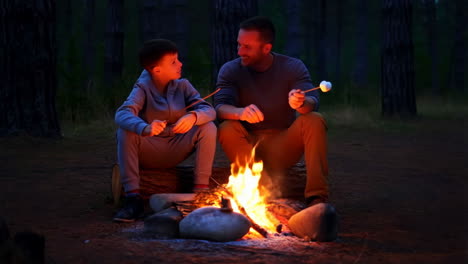 father and son roasting marshmallows by a campfire at night