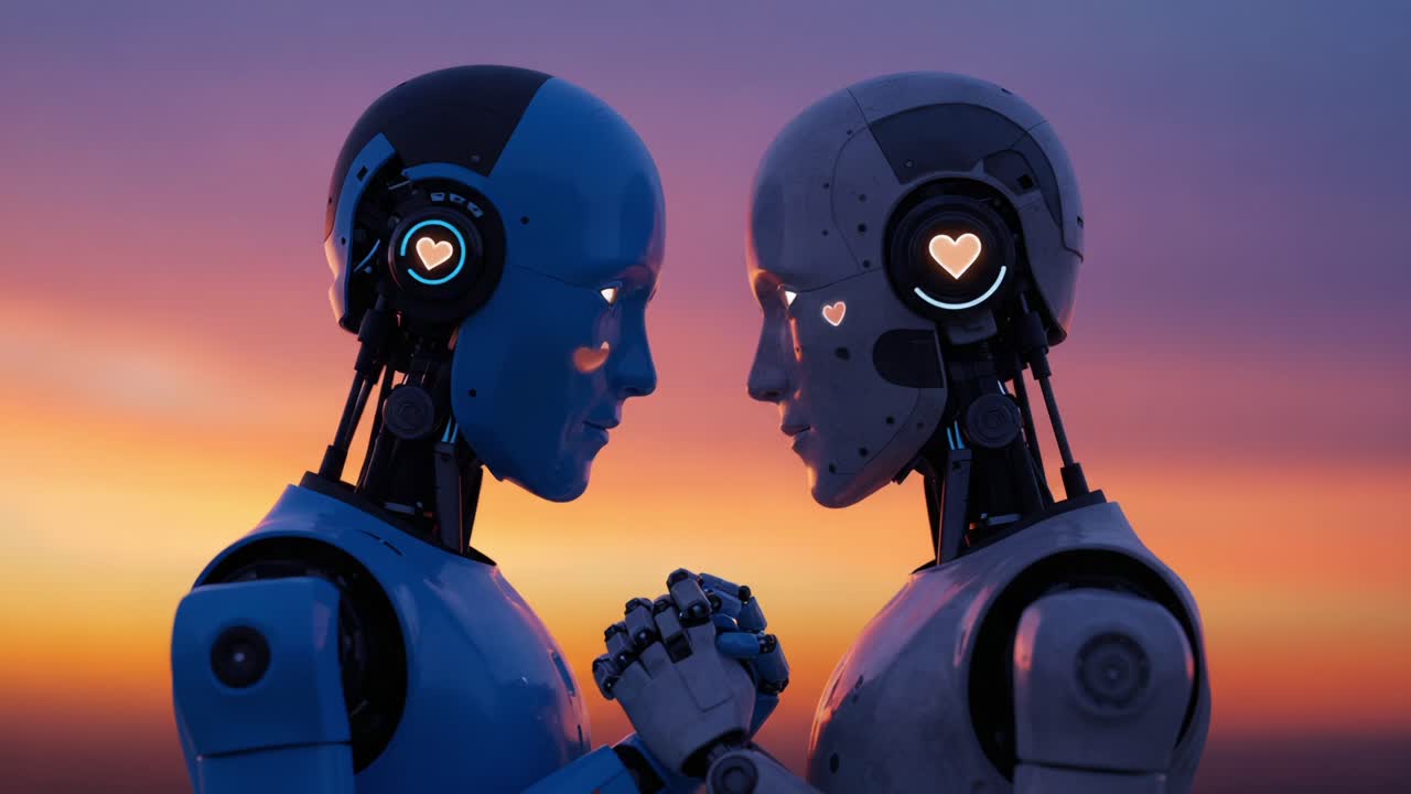 A Heartfelt Connection Between Two Robots: Exploring Emotions and Relationships Through Advanced AI in a Stunning Sunset Backdrop