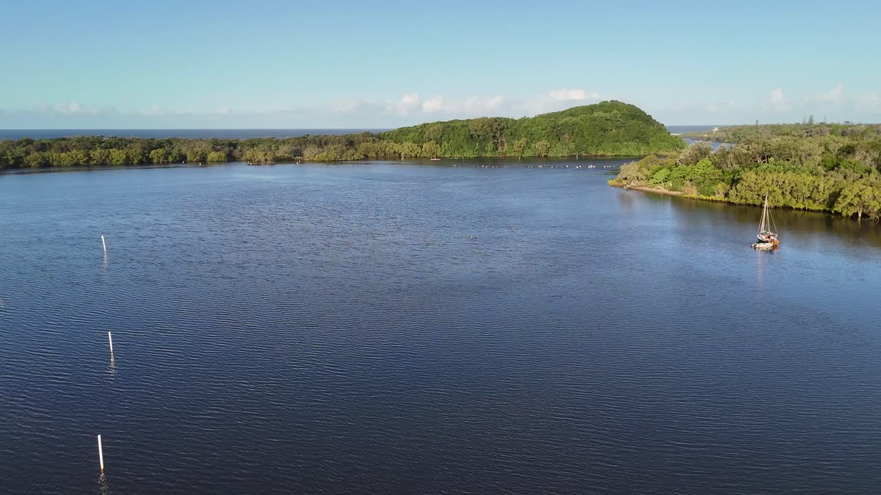 Drone captures birds fishing over a serene river in Brunswick Heads, Australia. Calm waters, lush greenery, and clear skies create a tranquil scene