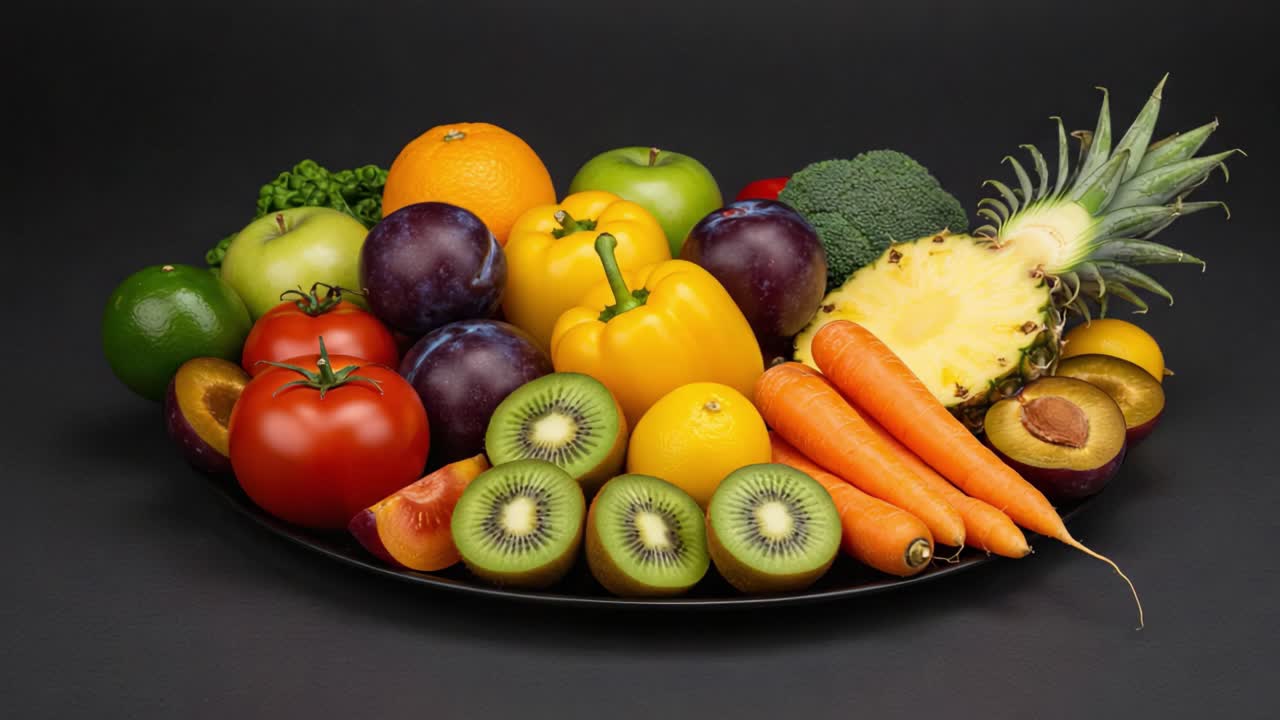 A Vibrant Display of Fresh Fruits and Vegetables Arranged on a Plate, Featuring a Variety of Colors, Shapes, and Textures for a Visually Appealing Presentation