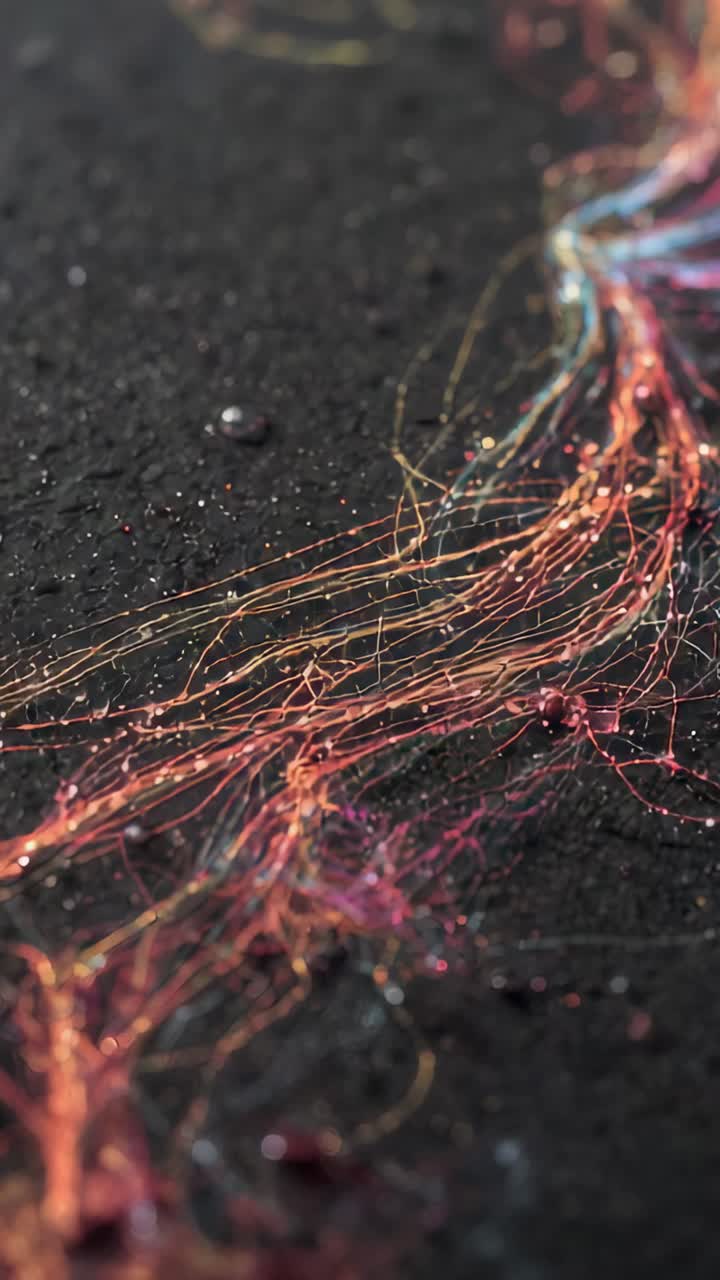 Vertical video: Flowing filaments starting upper right fanning across dark board revealing sparkles