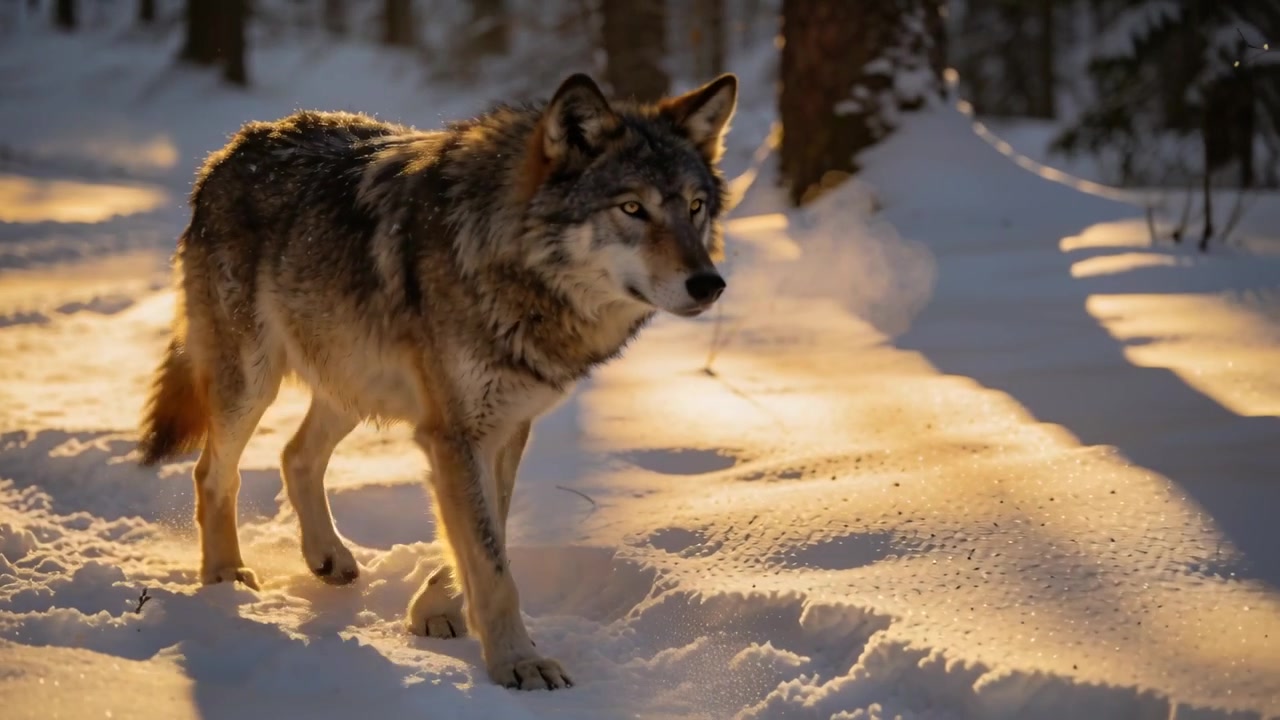 Walking adult gray wolf leaving paw prints, breath through snowy pines, sunlight drawing forward