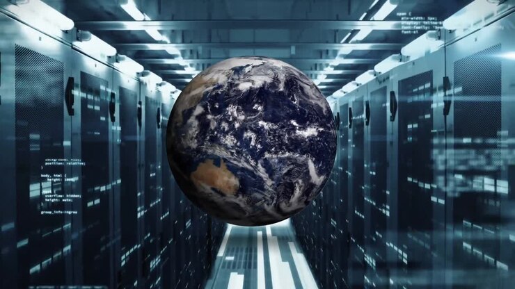 Animation of spinning globe, data processing and mosaic squares against computer server room