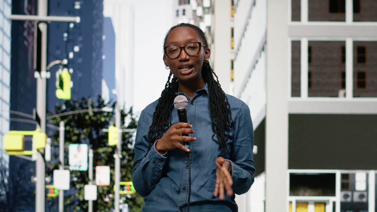 Intervistatore di strada afroamericano con un microfono che intervista i pedoni in un'area metropolitana