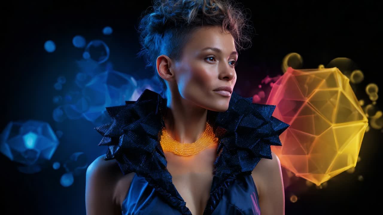 A captivating portrait featuring an elegantly styled woman with a unique hairdo, adorned with intricate accessories, illuminated by vibrant blue and orange geometric backgrounds, showcasing the beauty of modern fashion photography
