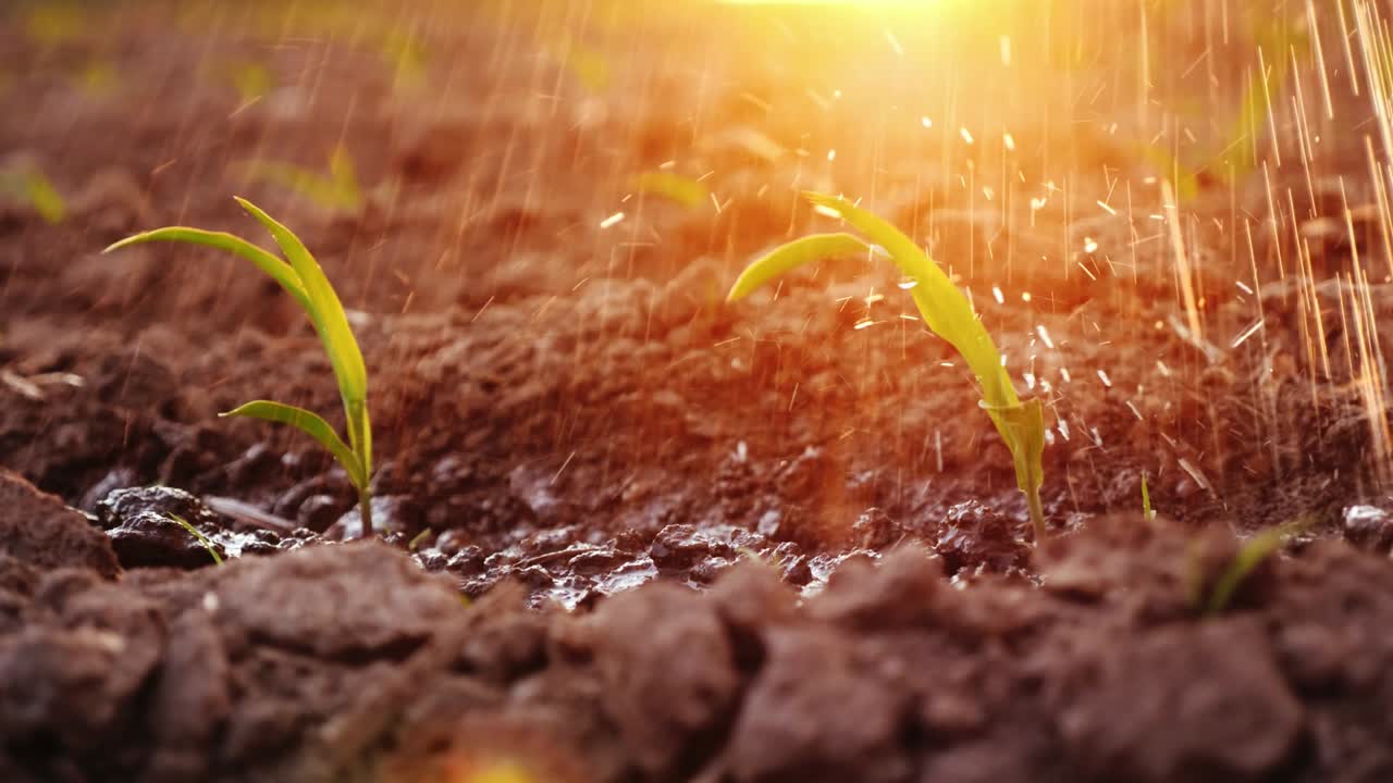 Water strips water the young shoots on the field. In the rays of the setting sun