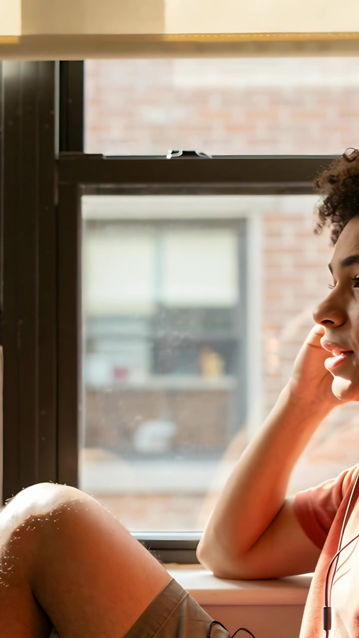Video verticale: Adolescente che ascolta musica si gira verso la finestra, seduto sul davanzale, in maglietta e con auricolari con filo, con spazio per il testo.