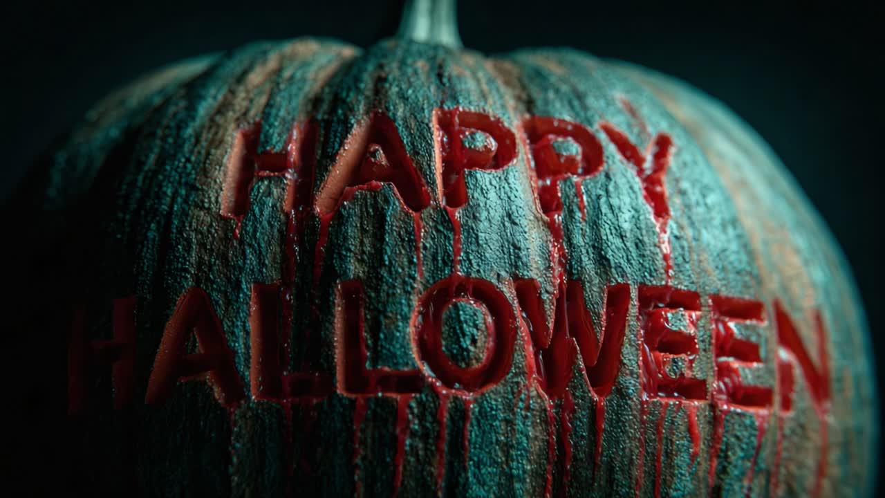 Menacing close up of a pumpkin with the words happy halloween carved into its skin, as blood drips from the frightening inscription in a scary, dark, and spooky atmosphere of terror