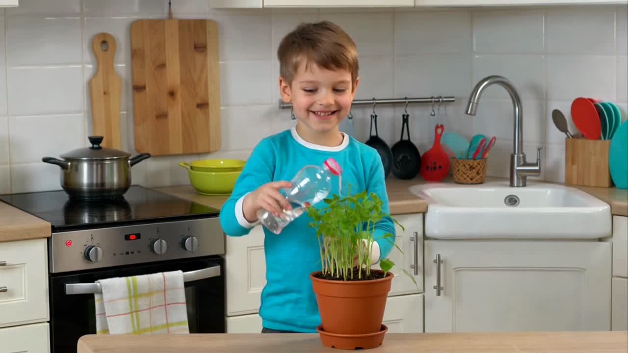 Happy Young Boy Watering a Small Plant in the Kitchen