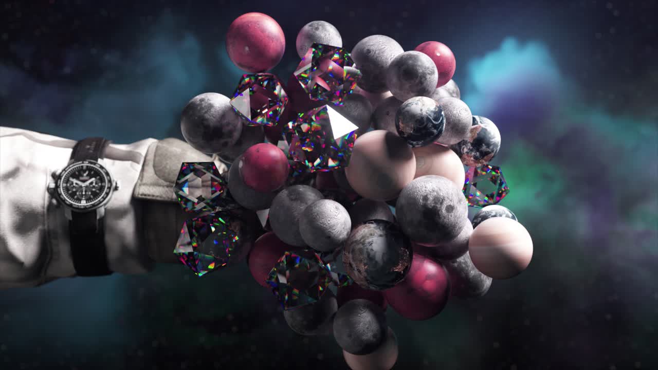 cúmulo cósmico abstracto de planetas y gemas