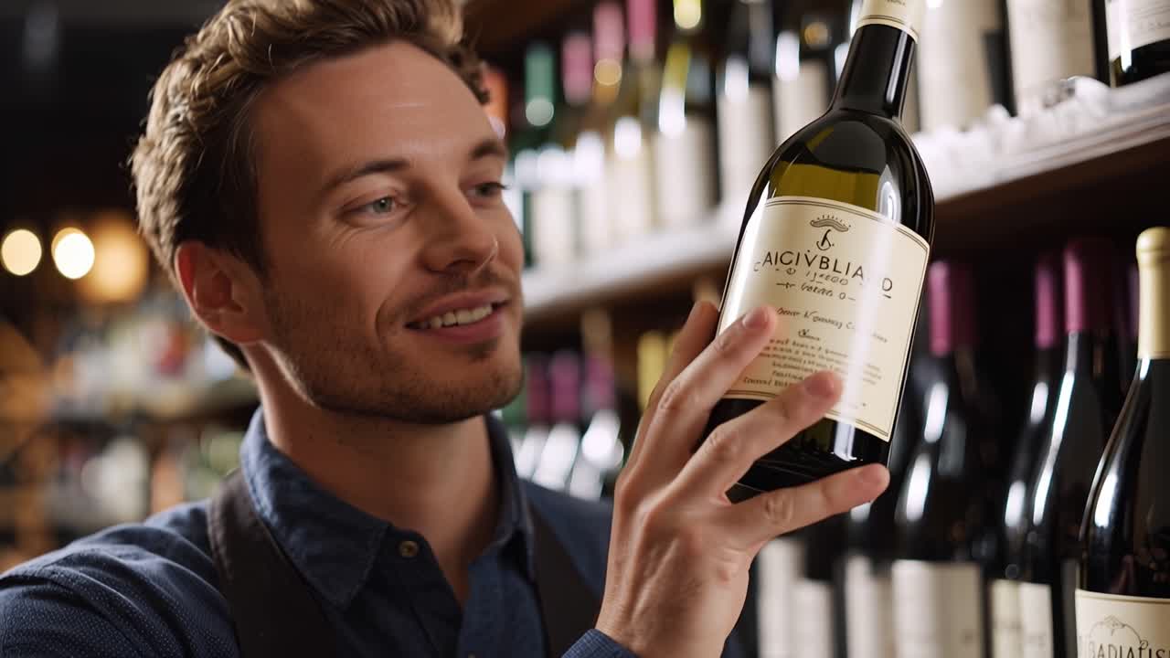 Uomo sorridente in enoteca, concentrato su una lista. Espressione calma, fiducioso, attento. Scaffali di bottiglie leggermente sfocati sullo sfondo. Ideale per pubblicità di cibo, bevande o al dettaglio.