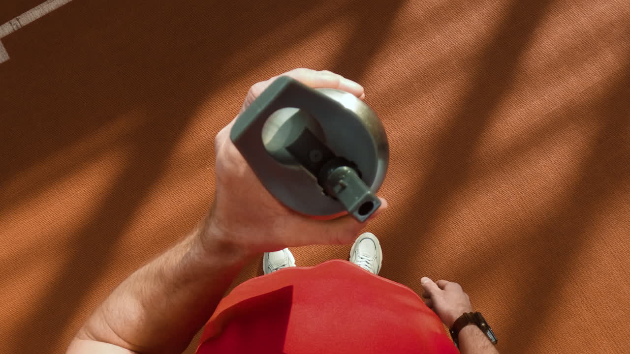 A hand holding a metal shaker bottle on a sports court