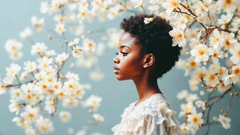 elegant black woman in profile with flowers
