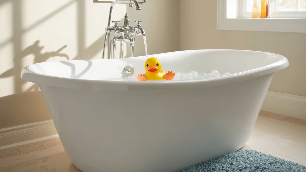 お風呂に入るための明るい浴室で、白い浴槽に水をためるクロムメッキの蛇口のハンドルを回すと、アヒルのラバーダックが浮いている。